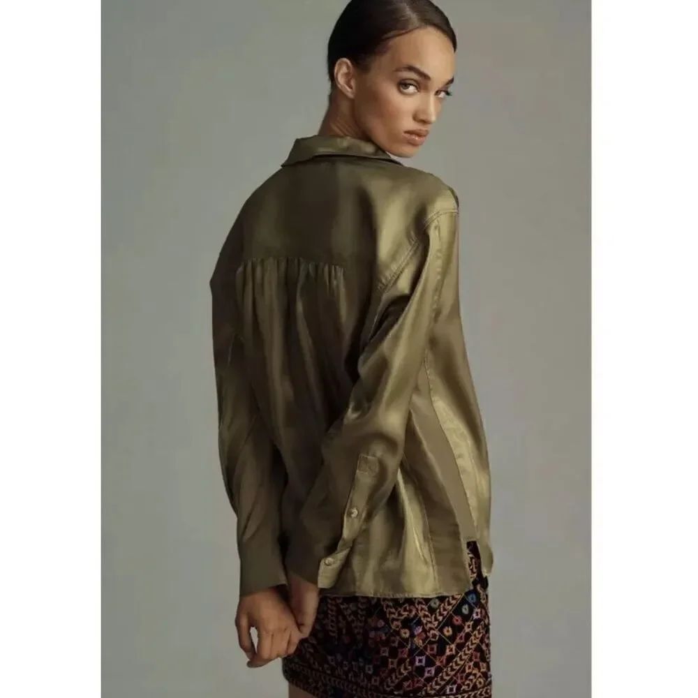 Anthropologie PLEOINE Iridescent Green Collared Boxy Crop Blouse